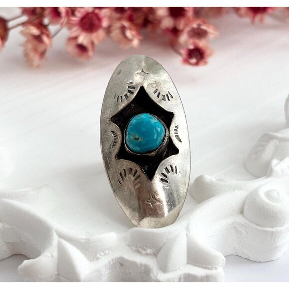 Shadow Box Sterling Silver Turquoise Accented XL Head Navajo Ring - sz 3.75 - Picture 1 of 7